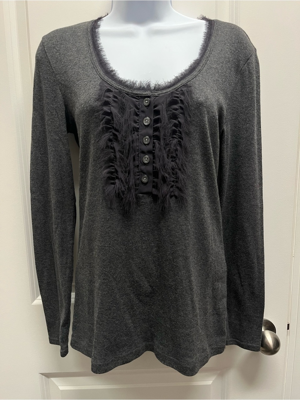Banana Republic Gray Ruffle Fringe Bib Long Sleeve Top size small